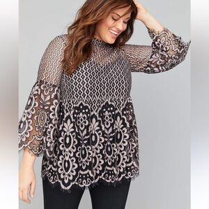 Lane Bryant Black and Blush Floral Lace Peplum Tunic